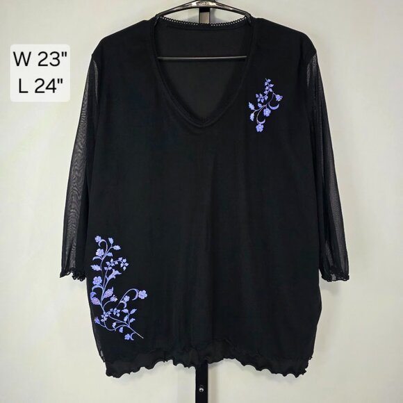Fashion Bug Top Womens Plus (See Meas) Black Sheer Mesh Sleeve Embroidered Flora - Picture 1 of 5